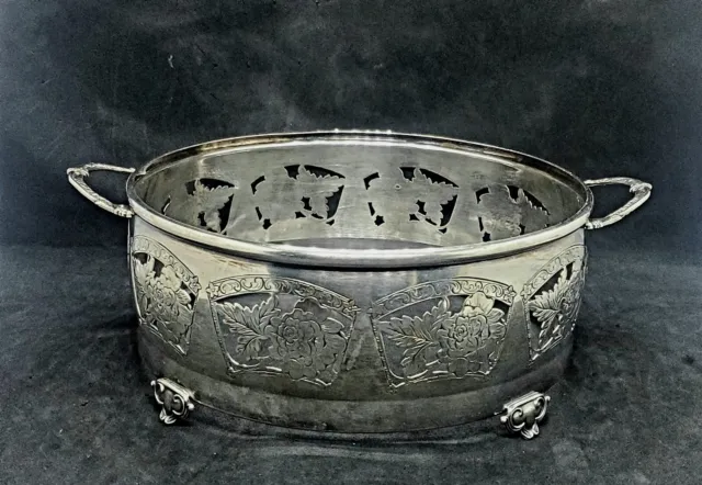Vintage Silver Plated Round Bowl Dish Holder Floral Design 8" Handled Footed