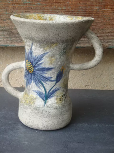 Ancien Vase céramique à anse/oreille Décor Fleur Bleuet Signé 21cm/vintage