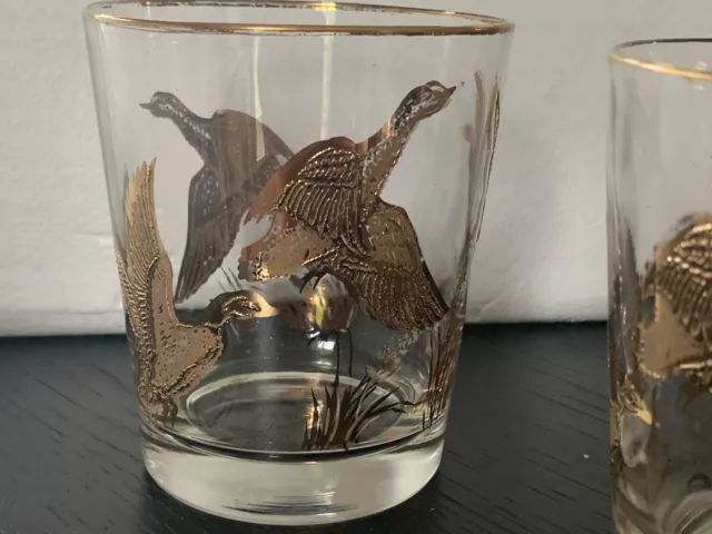 Mid Century Libbey Highball Cocktail Glass Golden Geese  Gold Rim Set Of Four
