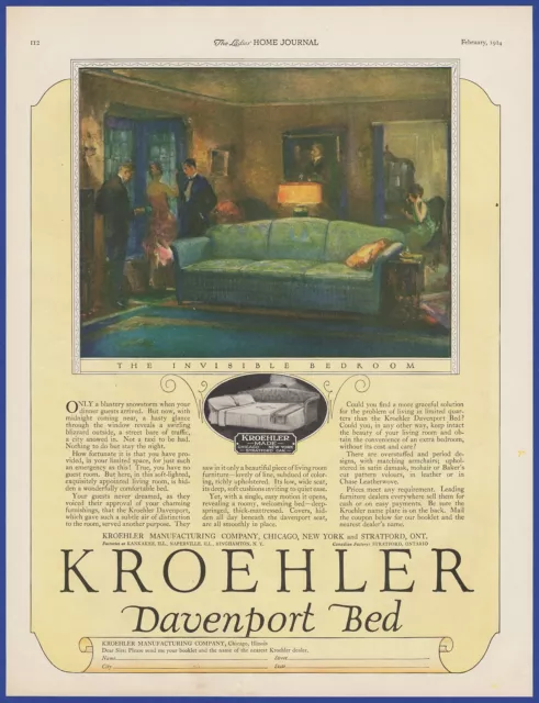 Vintage 1924 KROEHLER Davenport Bed Couch Furniture Art Decor Print Ad 20's