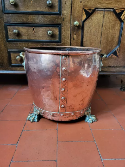 A Fantastic Antique Copper Copper Log Bin On Paw Feet