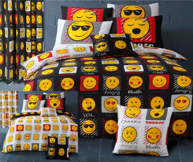 Black & White Emoticon Smiley Face Expression Reversible Duvet Set & Curtains