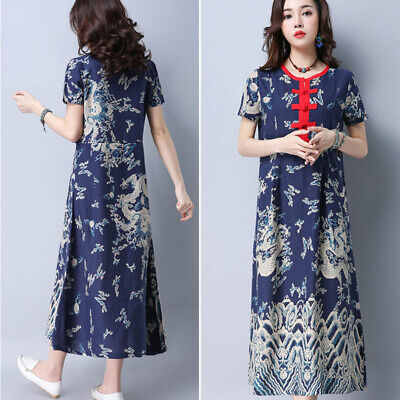 Ethnic Women Floral Midi Dress Chinese Cheongsam A-line Short Sleeve Qipao Retro