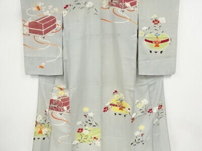 66548# Japanese Kimono / Antique Kimono / For Summer / Floral Plants & Insec