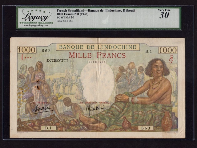 Djibouti/French Somaliland:P-10, 1000 Francs, 1938 * French Rule * LCG VF 30 *
