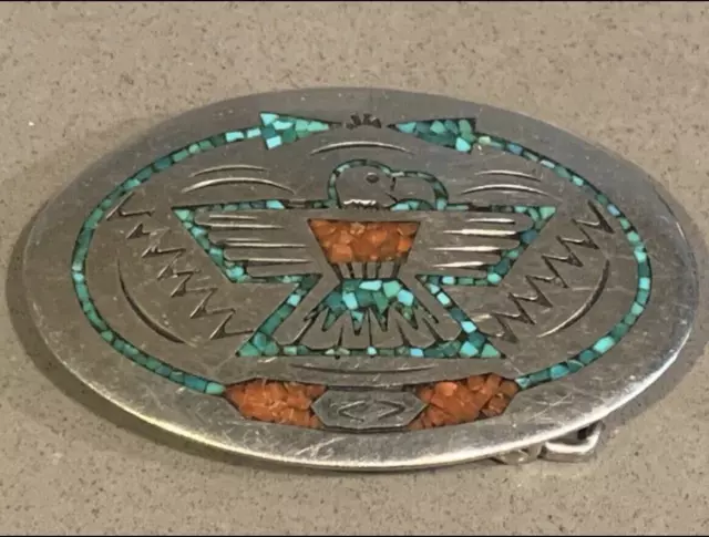 Vintage William Singer Navajo Silver Turquoise & Coral Chip Inlay Belt Buckle