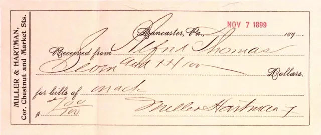 Miller & Hartman Lancaster PA 1899 Bank Check