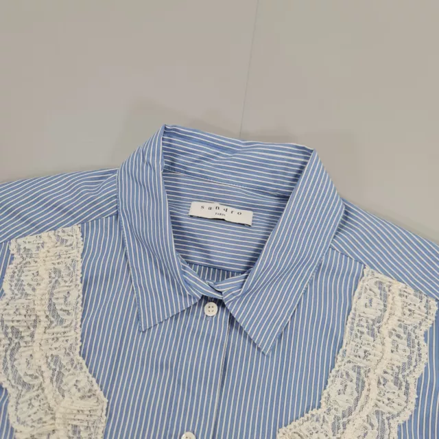 Sandro Paris Womens Shirt Blue 2 Medium Stripped Cotton Button Up Long Sleeves