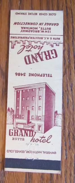 BUTTE, MONTANA MATCHBOOK COVER: GRAND HOTEL 1940s EMPTY MATCHCOVER -D