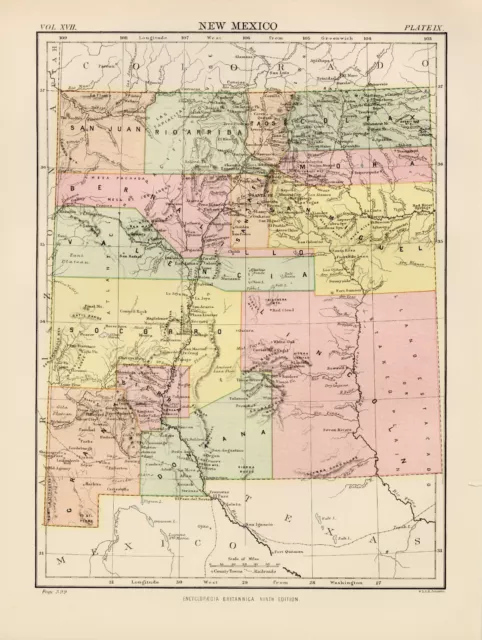 Vintage Map NEW MEXICO Encyclopedia Britannica Poster 1880 17x22" Reprint