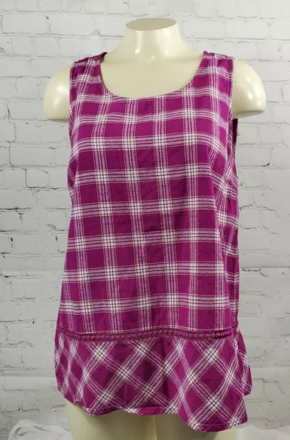 ST JOHNS BAY Round Neck Sleeveless Blouse Fuschia Plaid Womens Medium M Tank