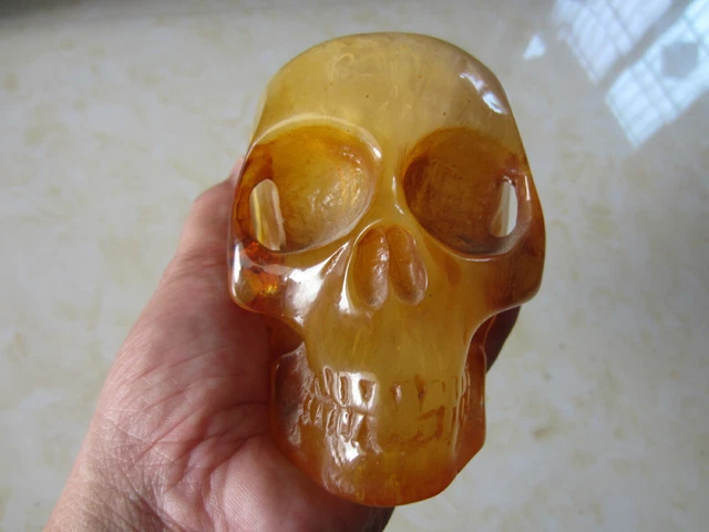 4.34" Old Burmese Amber Carved Crystal Skull, Realistic, Crystal Healing