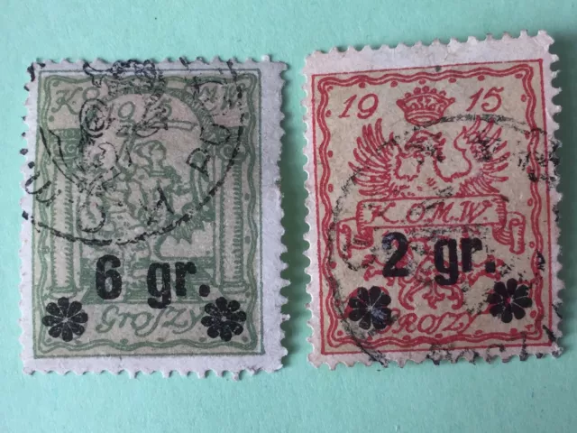 ➡️ Briefmarken Polen Poland 1915 📯 6 gr. 2 gr. Warschau gestempelt #Mi1b #Mi2c