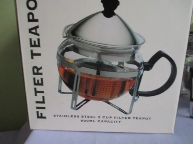 Arcosteel Stainless Steel & Glass 2 Cup  Filter Teapot Nwt In Box 600Ml 2