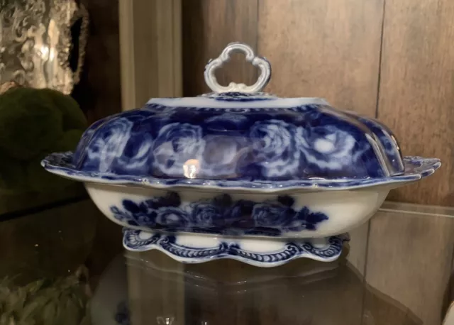 Antique Flow Blue Ridgways England Covered Dish / Tureen Cavendish Pattern