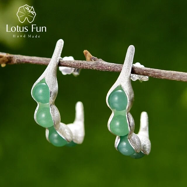 Unique Pea Pods Green Natural Gemstones Earrings 925 Silver Jewelry for Women