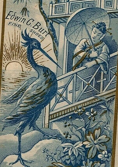 Edwin C Burt Fine Shoes Oriental Parasol Stork Victorian Trade Card New York