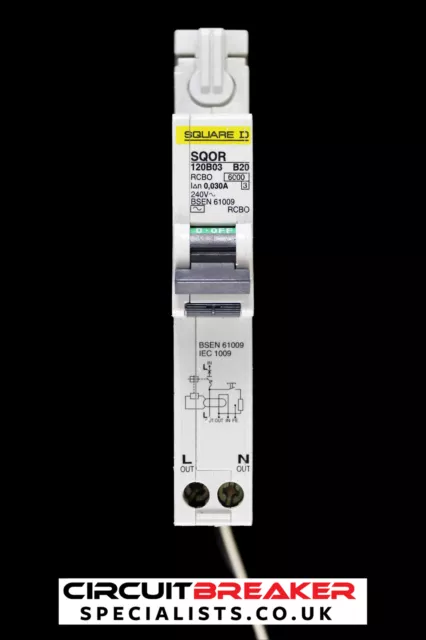 SQUARE D 20 AMP CURVE B 6kA 30mA RCBO TYPE AC SQOR 120B03