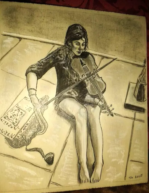Ragazza Con Violino - Disegno Fatto A Mano Su Legno (25X20Cm) Carboncino E China