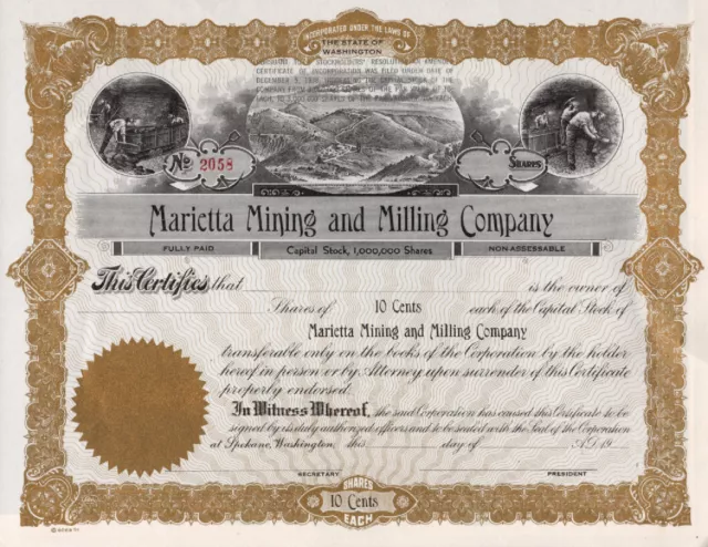 Marietta Mining & Milling Co. - Original Stock Certificate -Unused - #2058 -