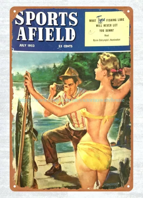 1953 Sports Afield sexy girl fishing metal tin sign primitive home decor