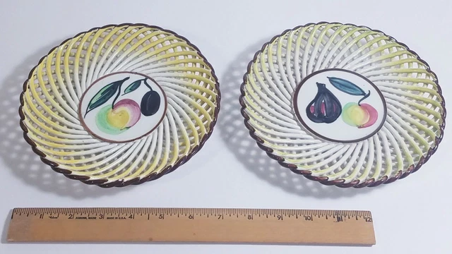 2 Spanish Olive Roja Garlic Fruit Ceramic Rope Weave Plates Vtg Made in Spain