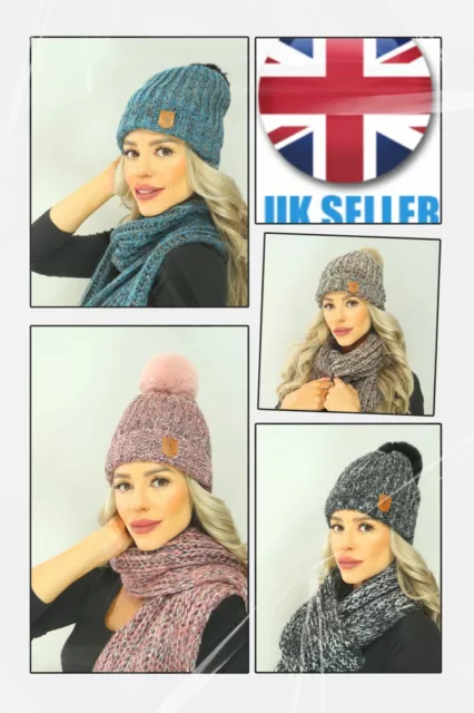 2-teilig Damen Winter Strick Pailletten Luxus Fell Bommel Mütze Schal Set Geschenk UK