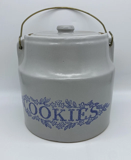 Monmouth Illinois Pottery Crock Cookie Jar Maple Leaf Grey Blue W/ Handle Glazed