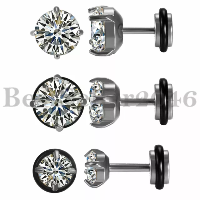 2-6pcs Men Women Round Cut Clear Cubic Zirconia Stainless Steel Stud Earrings