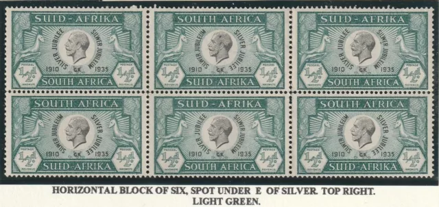 South Africa 1935 JUBILEE ½d BLOCK 6 Row 16/1 VARIETY TAGGED EAR SG65VAR VF MNH