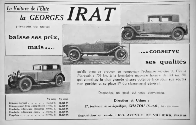 Publicité De Presse 1927 Voiture Georges Irat Baisse Ses Prix - Advertising