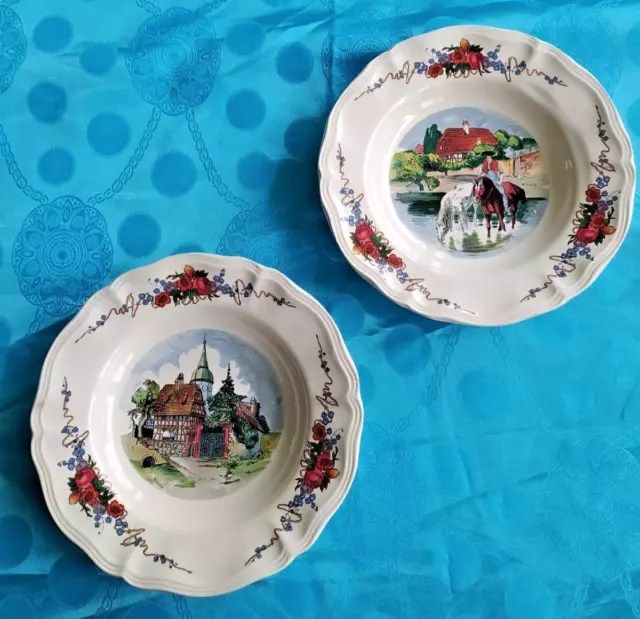 Obernai Sarreguemines lot de 2 assiettes à décor H. Loux, chevaux et village