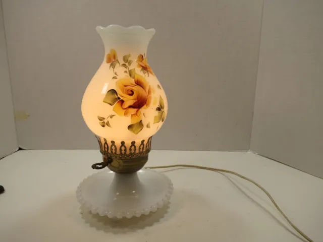 Floral Hand Painted Milk Glass Boudoir Bedside Lamp Pink Roses 11" WORKS GREAT