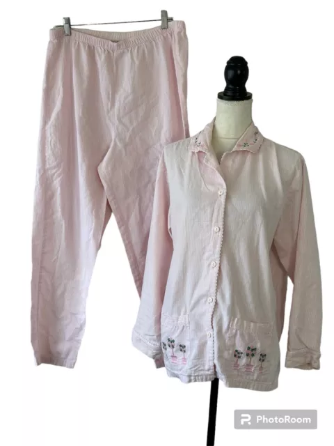 Vintage Talbot  Embroidered Floral Print Sz L Pink Cotton Pajama Set Lace Trim