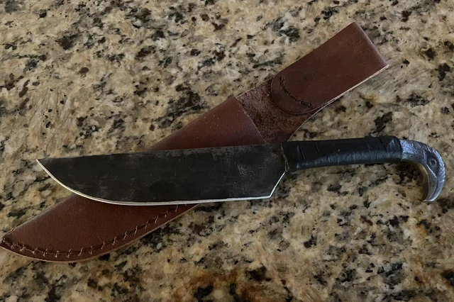 Straightback Rail Iron Knife Viking Raven Carbon Steel Hand Forged Leather Wrap