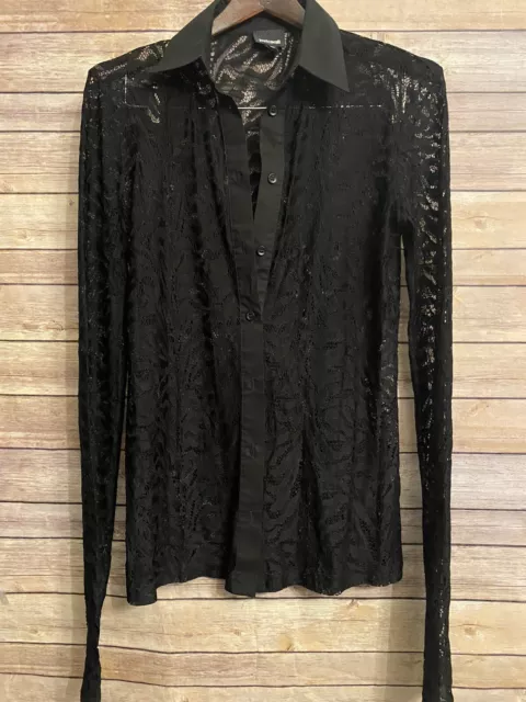 Just cavalli Black Lace Sheer Crossgrain Ribbon button front shirt 48