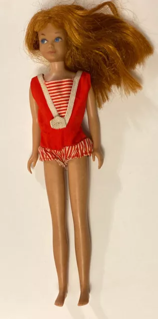 Vintage 1963 Barbie Straight Leg Titan Skipper Doll In Original Red Swimsuit