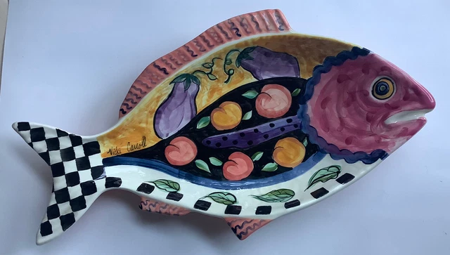 Fish Platter Majolica Hand Painted Checker Fruit Signed Vicki Carroll 1995
