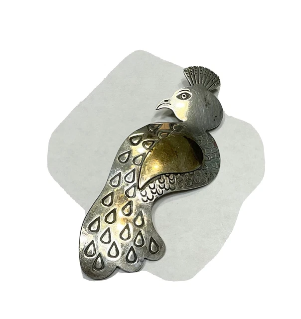 Marked Sterling Silver Mexico Peacock Brooch Pin
