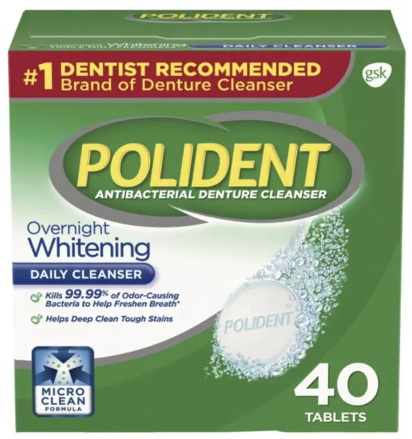 Polident for Dentures Overnight Whitening Daily Cleanser Triple Mint 40 Tablets
