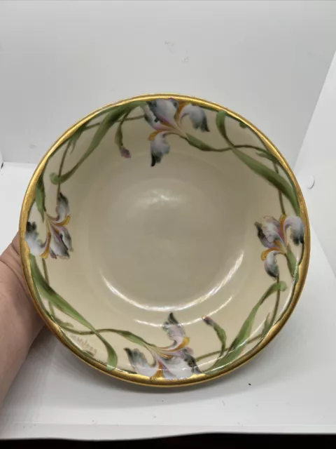 Bavaria Germany Fine Porcelain 9” Serving Bowl Hand painted Iris Flowers -Gold