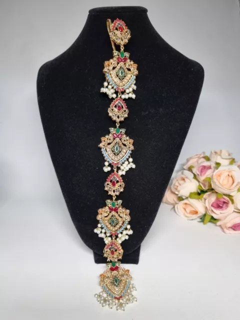 Indian Pakistani Gold Hair Decoration With Nauratan Stones