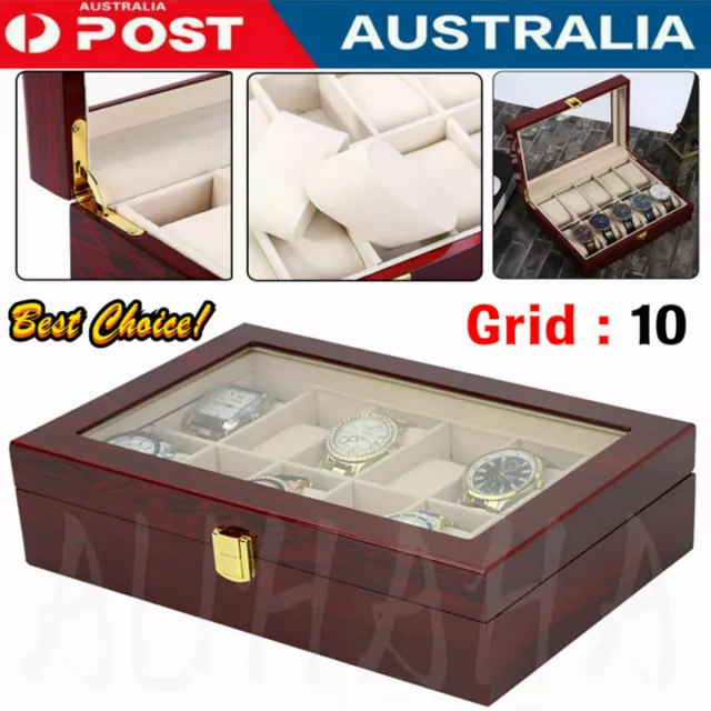 10/20 Grid Glass Wooden Watch Jewelry Display Case Collection Storage Holder Box