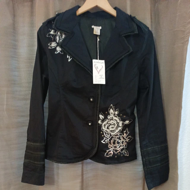 NWT Women's Krista Lee Black 2 Button Floral Embroidered Jacket Medium