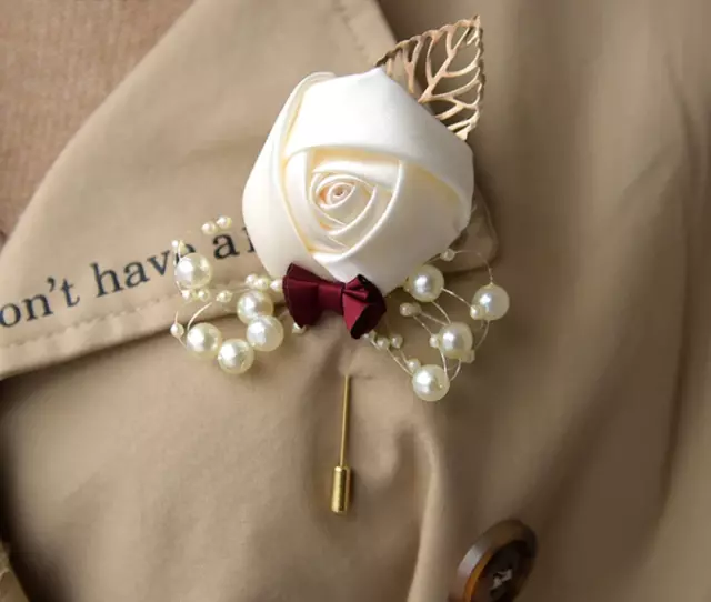 Rose Flower & Pearl Groom Groomsmen Boutonniere Wedding Corsage Badge Brooch Pin