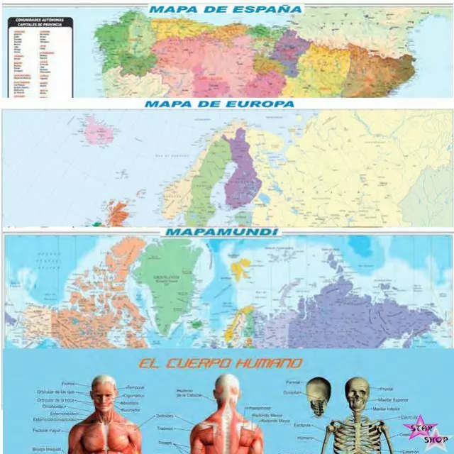 Mapa Físico Político España Europa Mundo Cuerpo Humano Lamina Poster Mural Cole