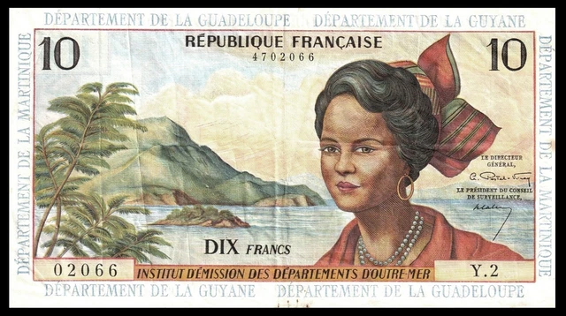French Antilles:P-8b,10 Francs,1963 * Guadeloupe/Guyane/Martinique RARE !