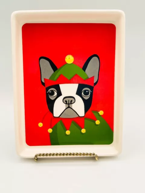 Magenta Boston Terrier Dog Sweater Christmas Jester Ceramic Dish Tray 5"x6.5"