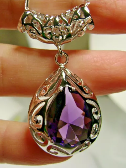 Amethyst Pendant, Tear Drop Gem Sterling Silver Filigree Necklace P28