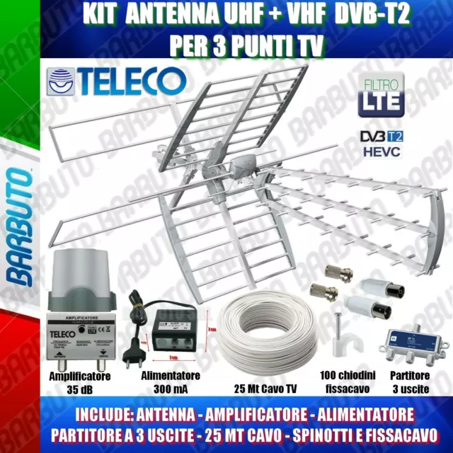 KIT COMPLETO TV DIGITALE TERRESTRE ANTENNA COMBO 35dB,PARTITORE PER 3 TV INCLUSO